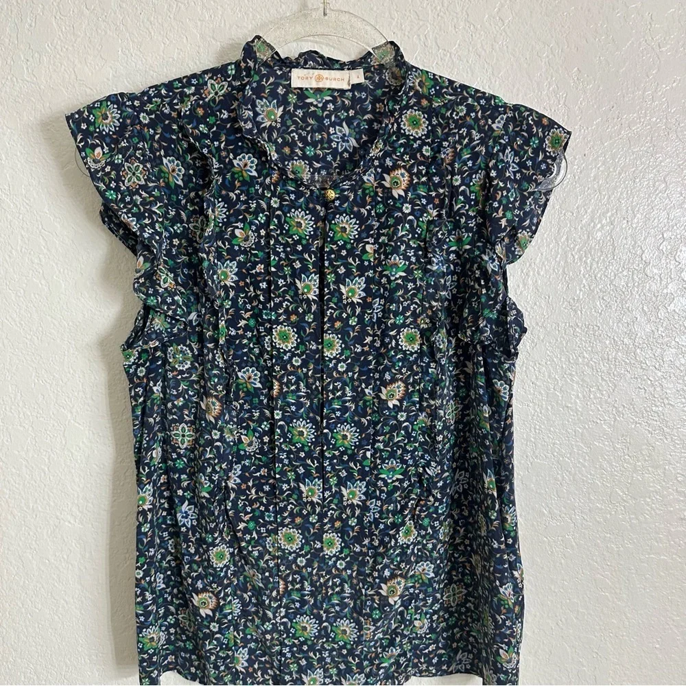 Tory Burch Printed Ruffle Shell Top size 4